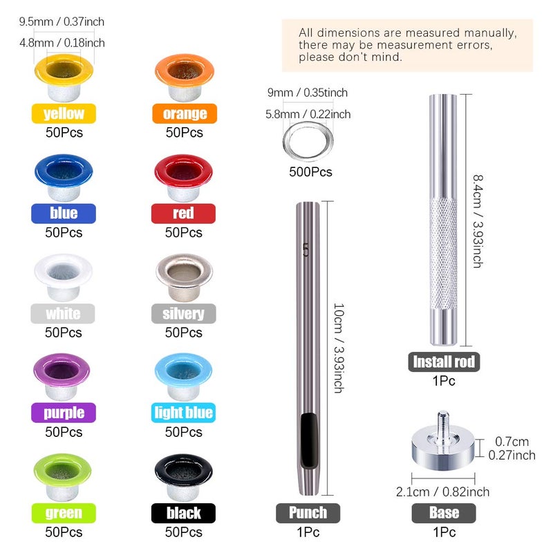 Rustark 500 Sets Grommet Kit 3/16 Inch Grommet Setting Tool Metal Eyelets Set with 4 Pieces Install Tool Kit in Storage Box for Clothes Shoes Bag Paper Leather Crafts DIY Projects (10 Colors) - Image 2